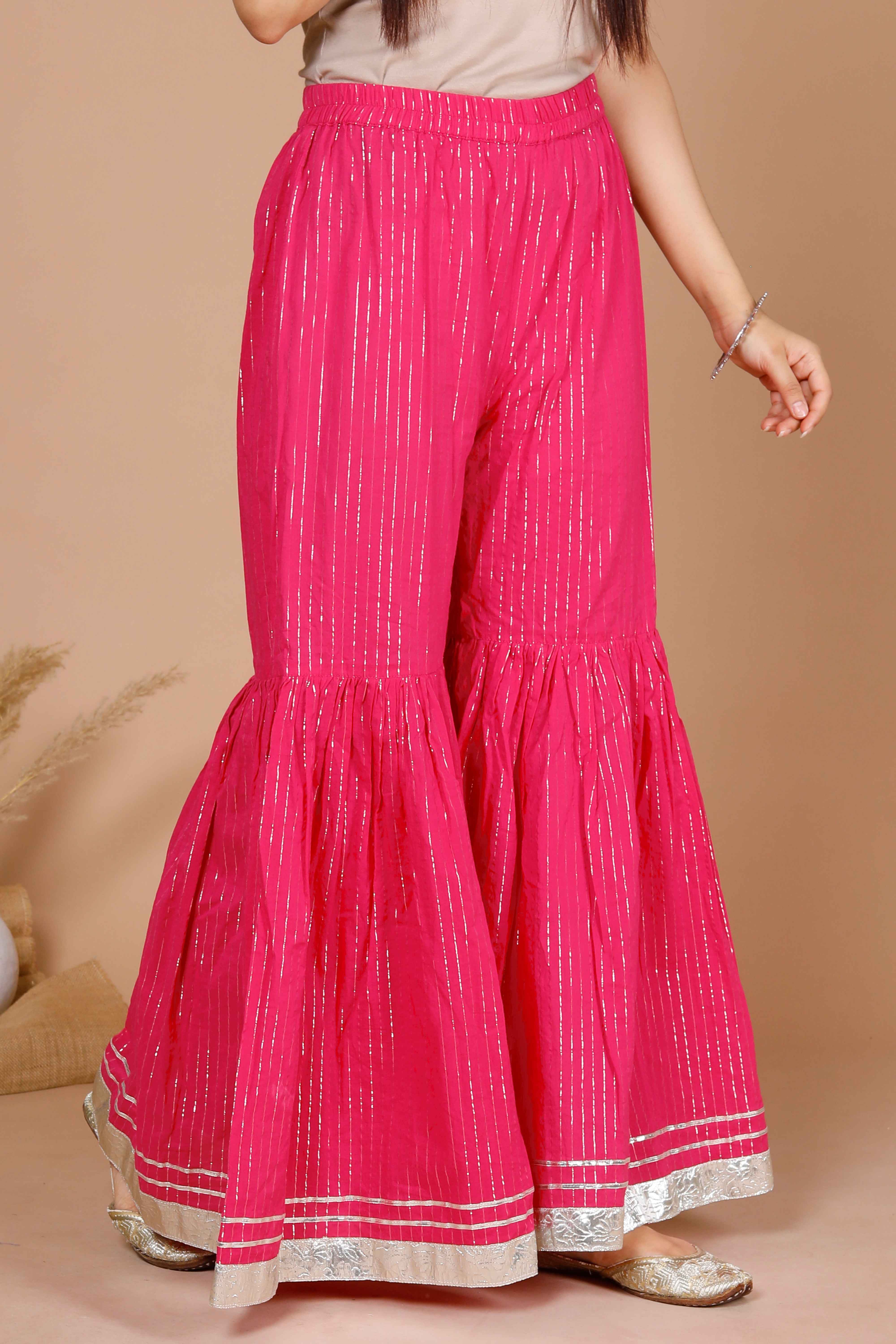 Pink Printed A-Line Gotta Patti Lurex Cotton Kurti with Sharara Set